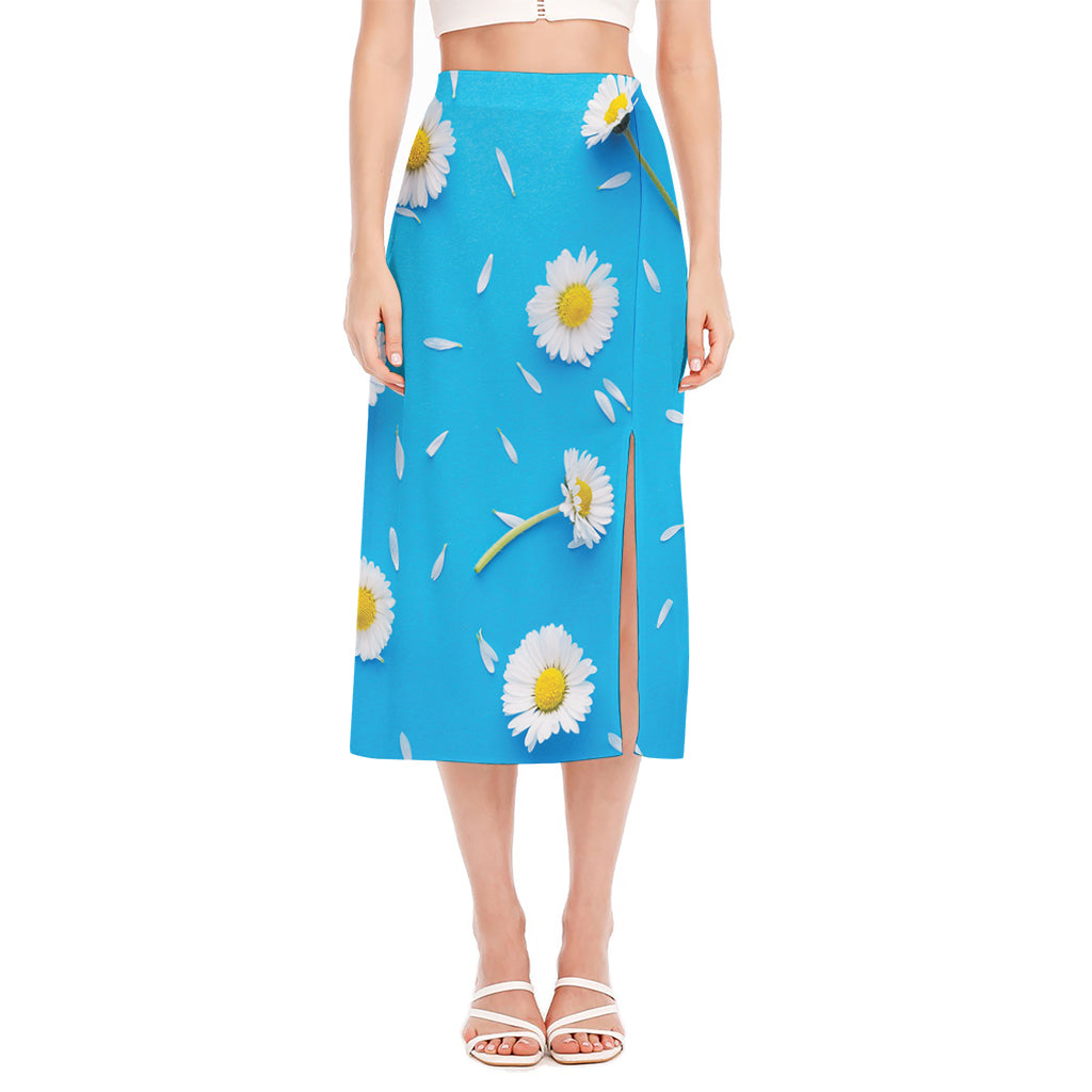 White Daisy Flower Print Side Slit Midi Skirt