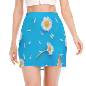 White Daisy Flower Print Side Slit Mini Skirt