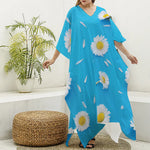 White Daisy Flower Print Silk V-Neck Kaftan Dress