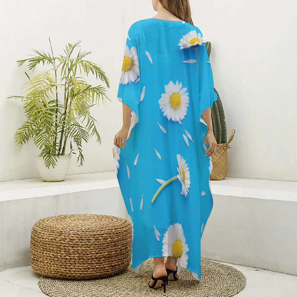 White Daisy Flower Print Silk V-Neck Kaftan Dress