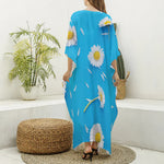 White Daisy Flower Print Silk V-Neck Kaftan Dress