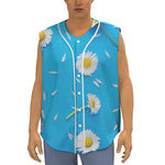 White Daisy Flower Print Sleeveless Baseball Jersey