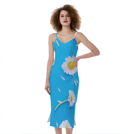 White Daisy Flower Print Slim Fit Midi Cami Dress