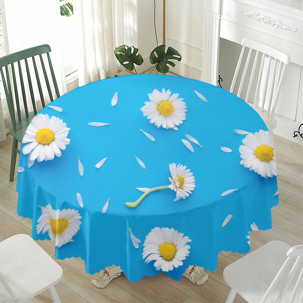 White Daisy Flower Print Waterproof Round Tablecloth