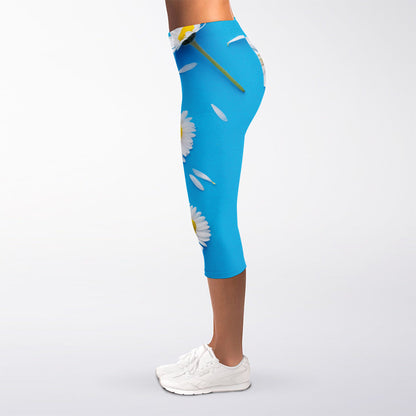 White Daisy Flower Print Women's Capri Leggings