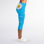 White Daisy Flower Print Women's Capri Leggings