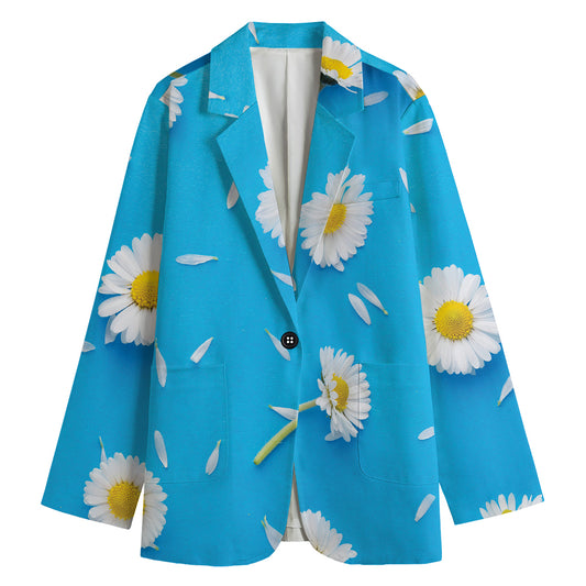 White Daisy Flower Print Women's Cotton Blazer