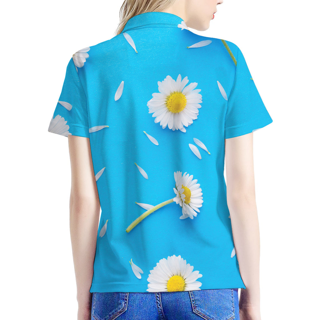 White Daisy Flower Print Women's Polo Shirt