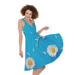 White Daisy Flower Print Women's Sleeveless Dress