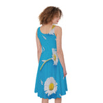 White Daisy Flower Print Women's Sleeveless Dress