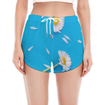 White Daisy Flower Print Women's Split Running Shorts