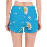 White Daisy Flower Print Women's Split Running Shorts