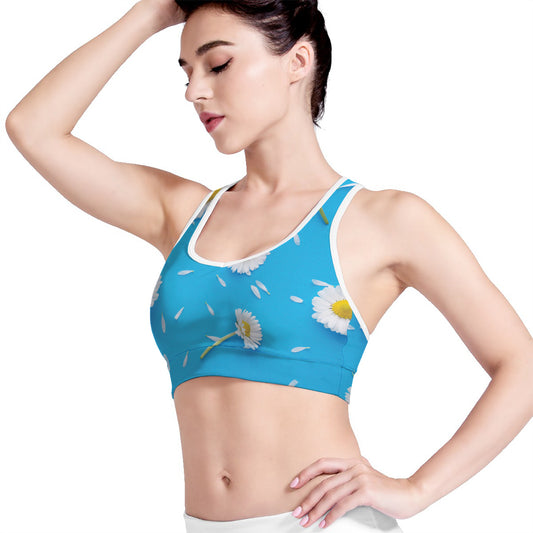 White Daisy Flower Print Women's Sports Bra