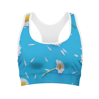 White Daisy Flower Print Women's Sports Bra