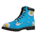 White Daisy Flower Print Padded Collar Lace Up Boots