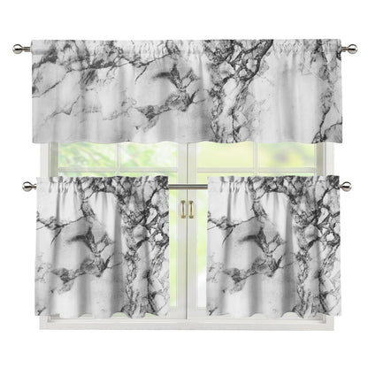 White Dark Grey Marble Print 3 Piece Kitchen Curtains