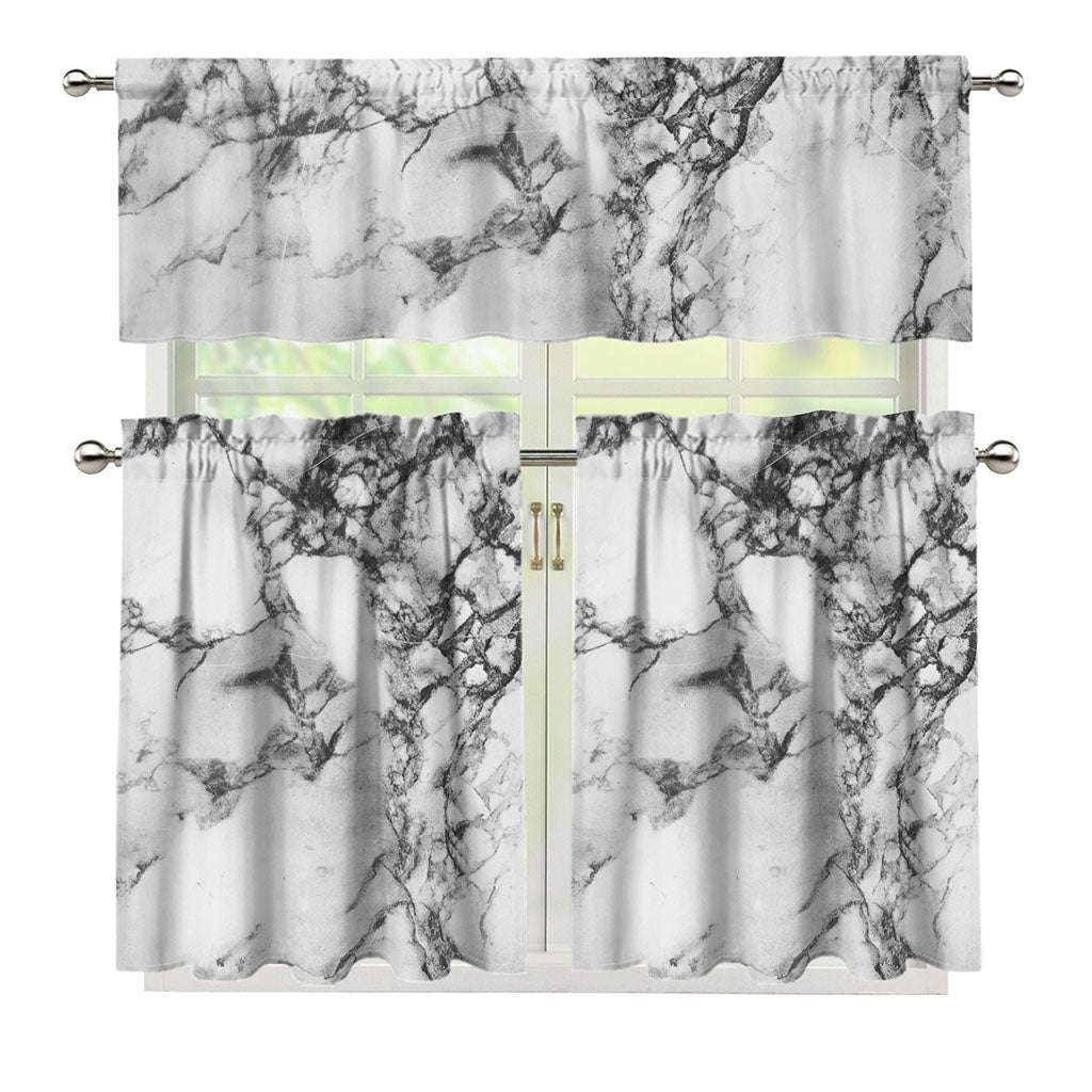 White Dark Grey Marble Print 3 Piece Kitchen Curtains