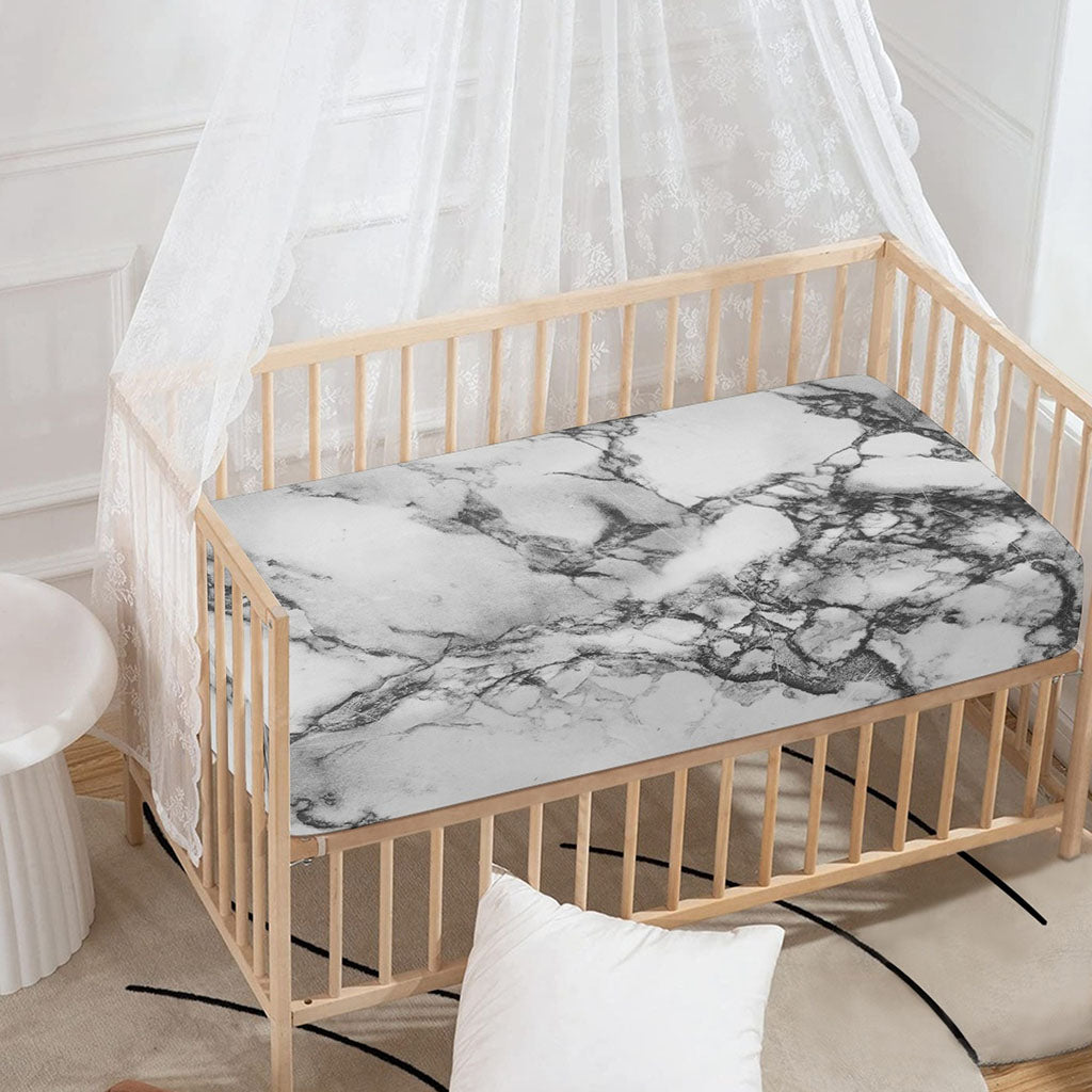 White Dark Grey Marble Print Baby Crib Sheet