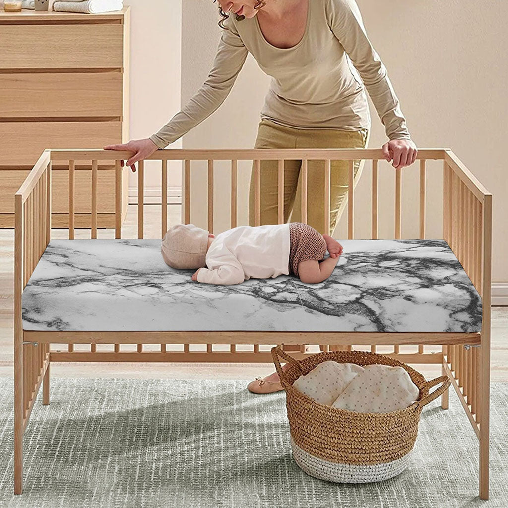 White Dark Grey Marble Print Baby Crib Sheet