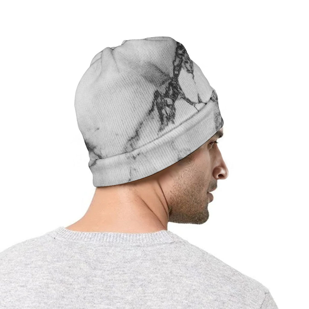 White Dark Grey Marble Print Beanie