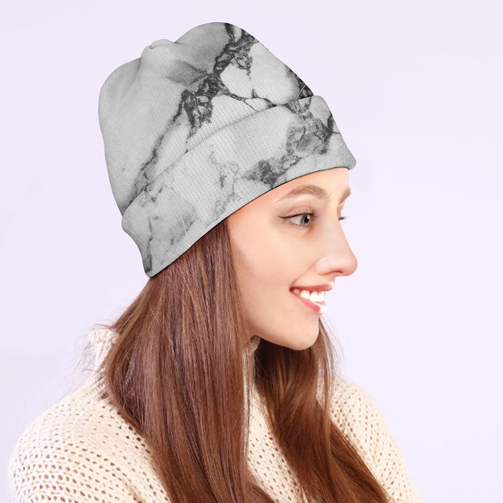 White Dark Grey Marble Print Beanie
