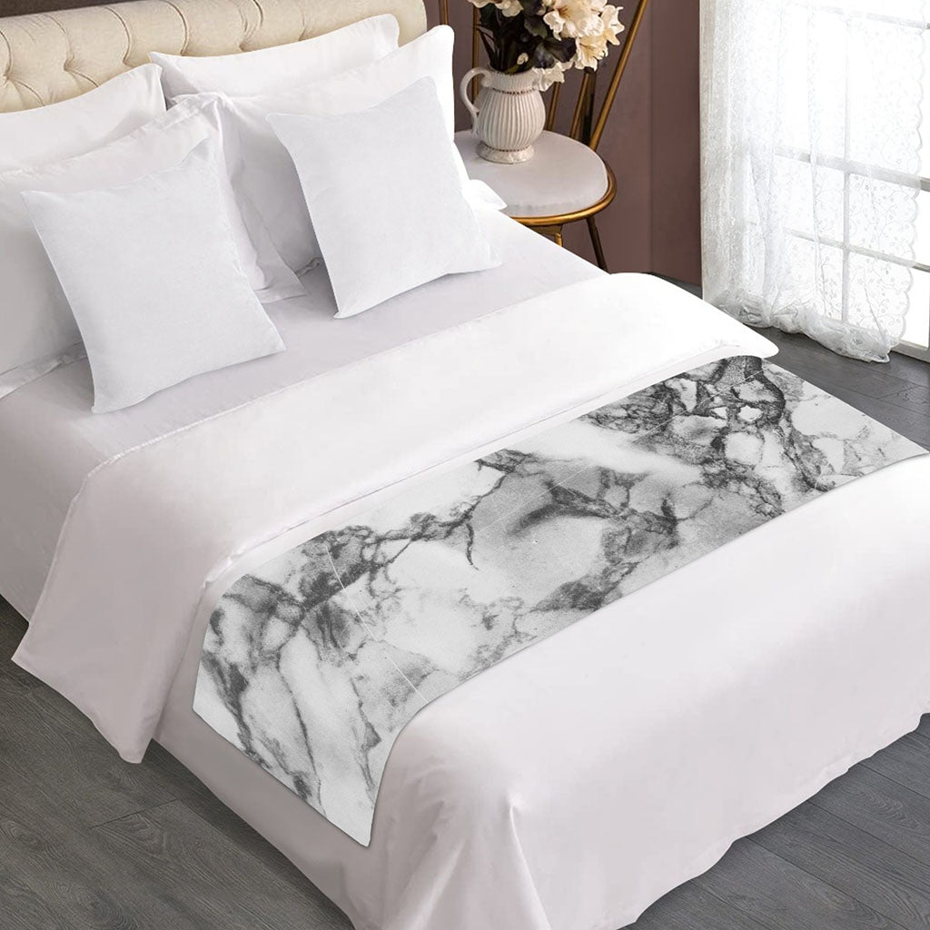 White Dark Grey Marble Print Bed Runner