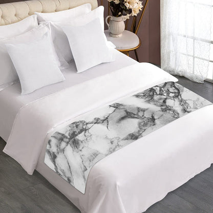 White Dark Grey Marble Print Bed Runner