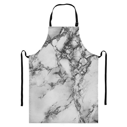 White Dark Grey Marble Print Bib Apron With Pocket