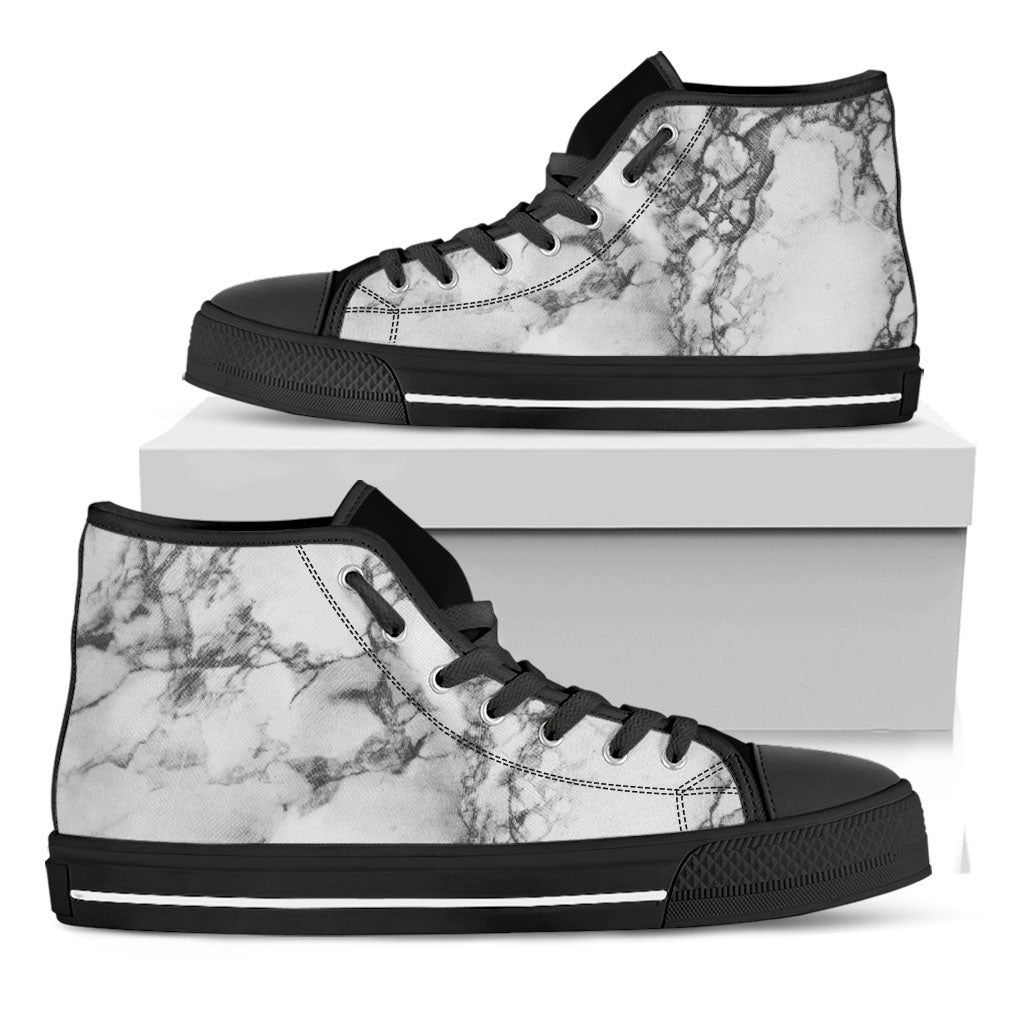 White Dark Grey Marble Print Black High Top Sneakers