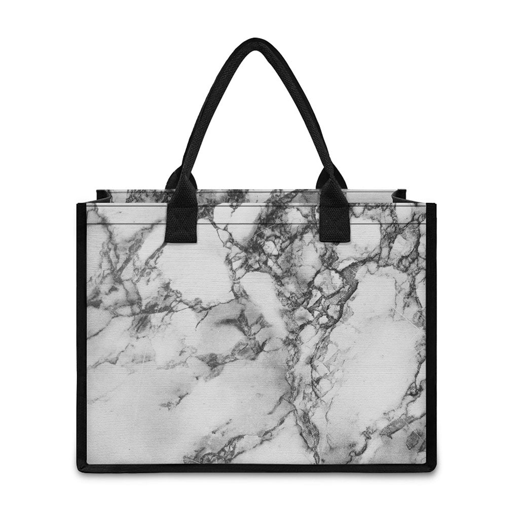 White Dark Grey Marble Print Canvas Tote Bag