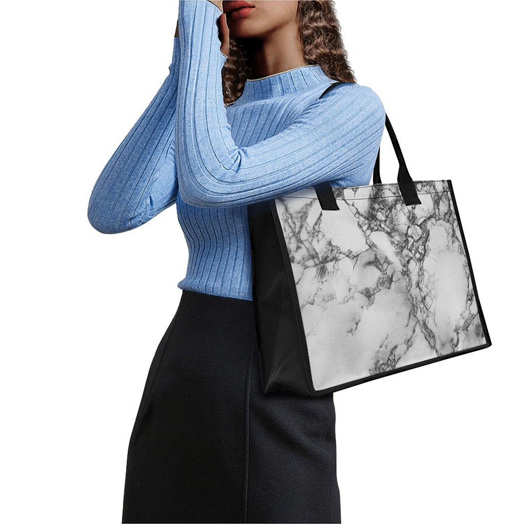 White Dark Grey Marble Print Canvas Tote Bag