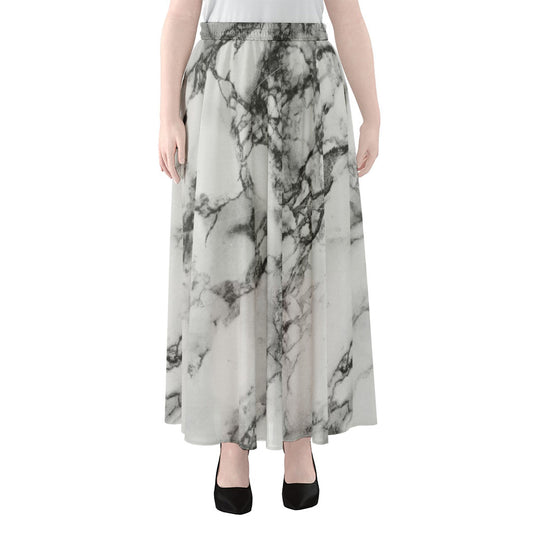 White Dark Grey Marble Print Chiffon Maxi Skirt