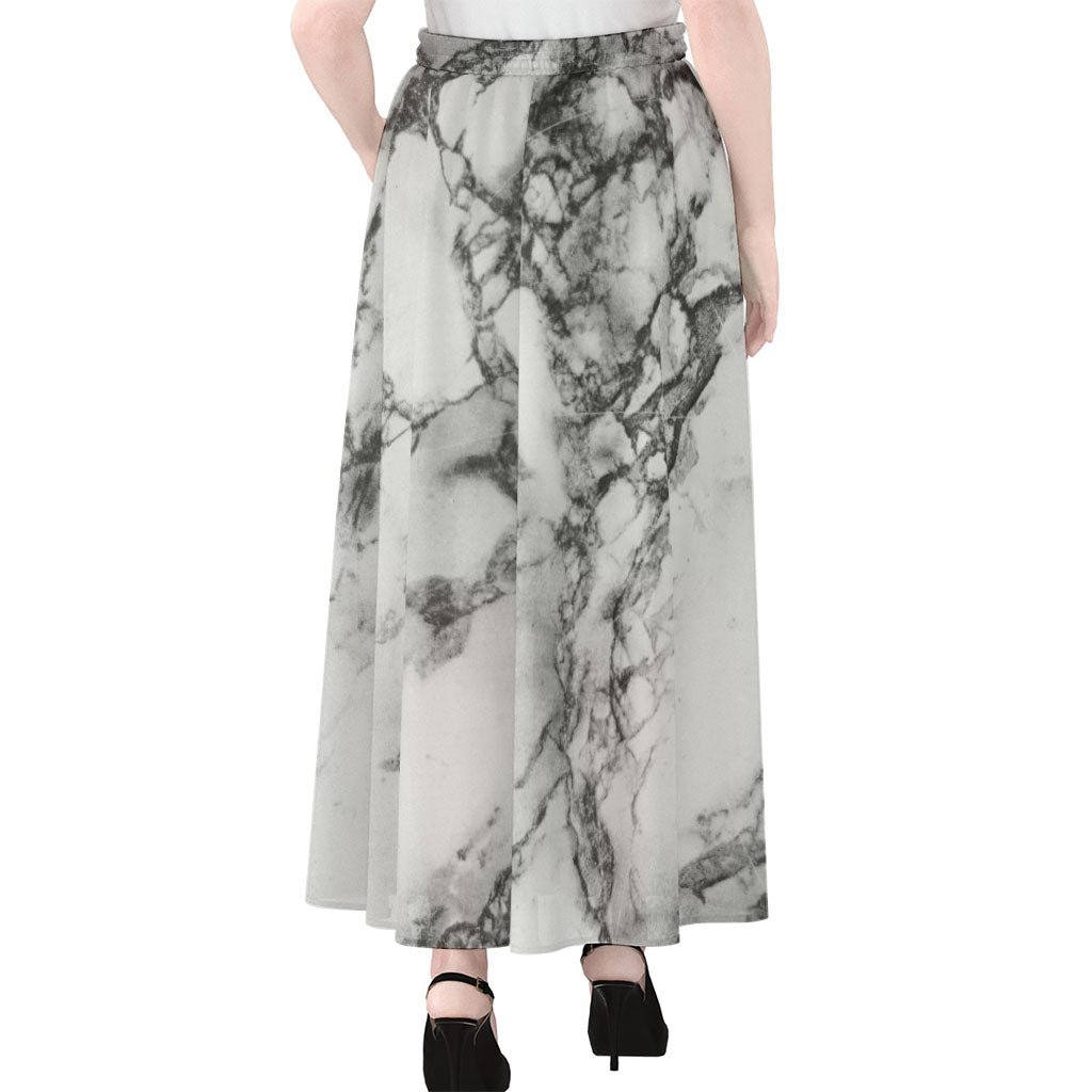 White Dark Grey Marble Print Chiffon Maxi Skirt