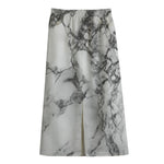 White Dark Grey Marble Print Cotton Front Slit Maxi Skirt