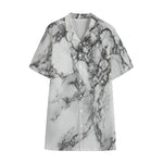 White Dark Grey Marble Print Cotton Hawaiian Shirt