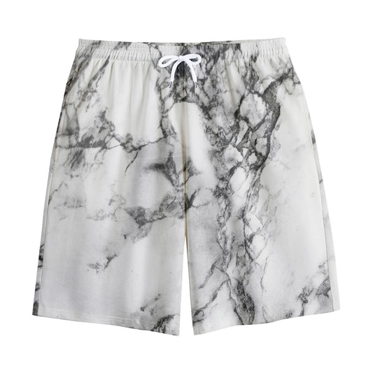 White Dark Grey Marble Print Cotton Shorts