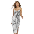 White Dark Grey Marble Print Cross Back Cami Dress