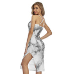 White Dark Grey Marble Print Cross Back Cami Dress