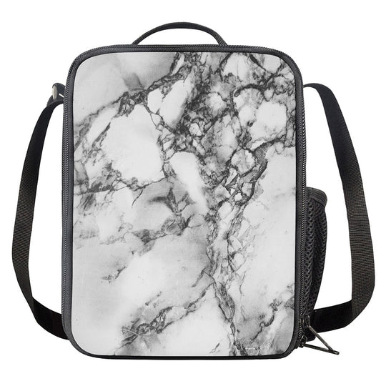 White Dark Grey Marble Print Crossbody Lunch Bag
