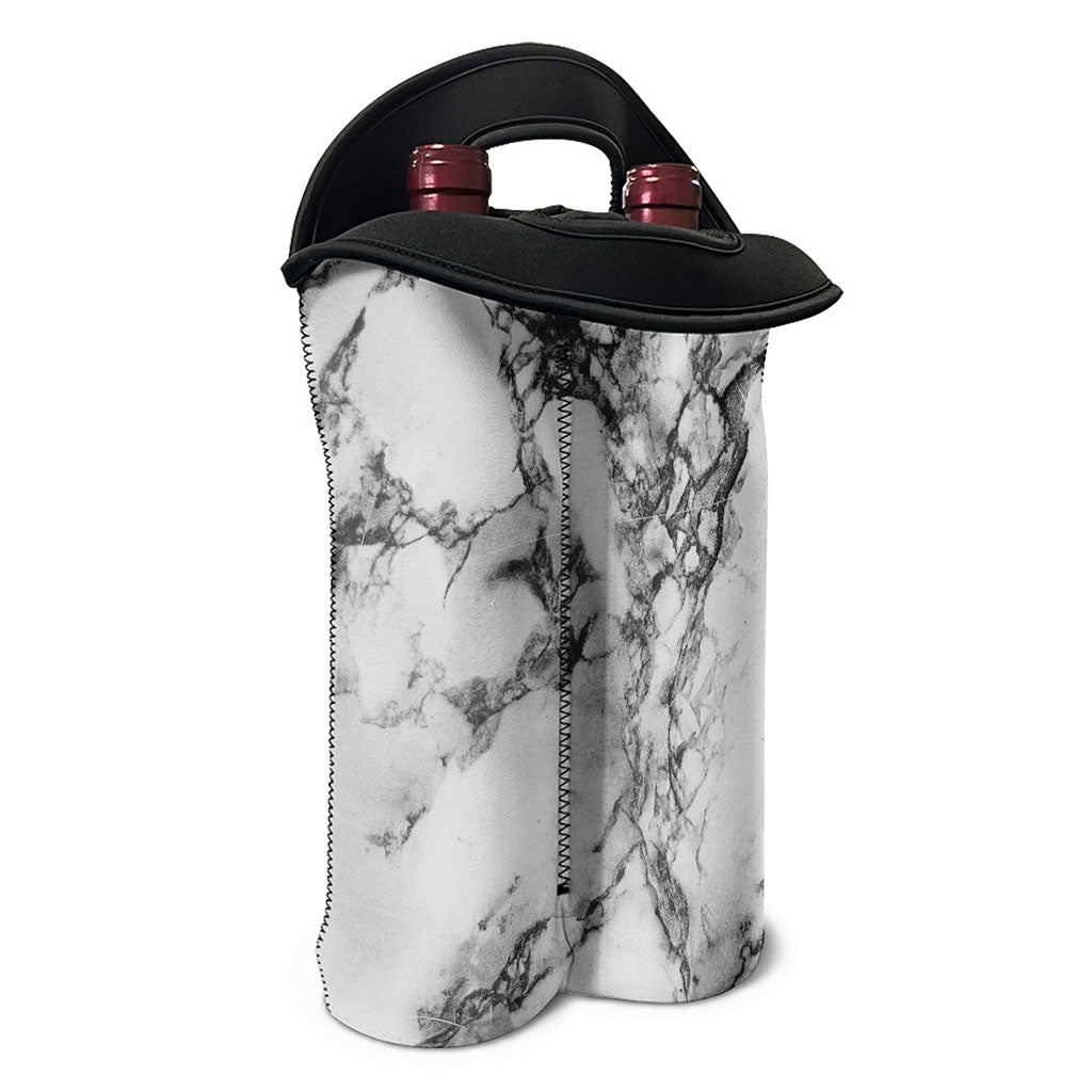 White Dark Grey Marble Print Double Neoprene Wine Tote