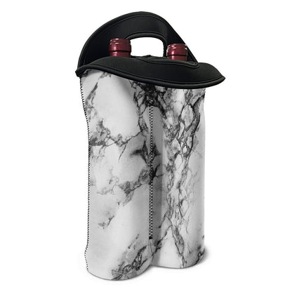 White Dark Grey Marble Print Double Neoprene Wine Tote