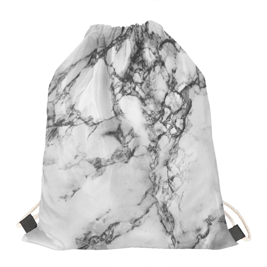 White Dark Grey Marble Print Drawstring Bag