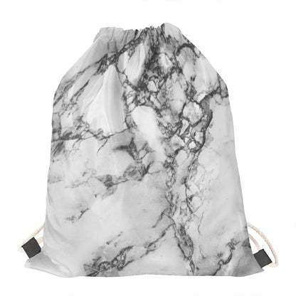 White Dark Grey Marble Print Drawstring Bag