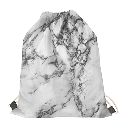 White Dark Grey Marble Print Drawstring Bag