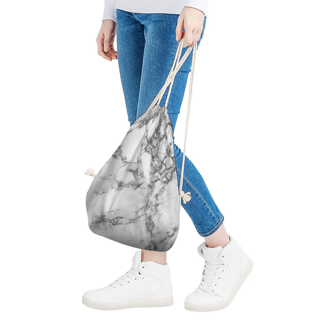 White Dark Grey Marble Print Drawstring Bag