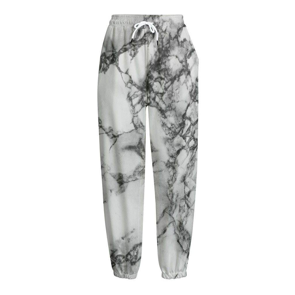 White Dark Grey Marble Print Fleece Lined Knit Pants