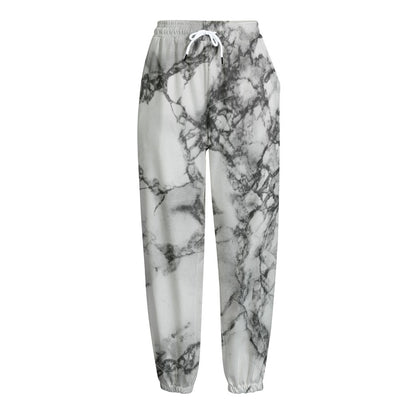 White Dark Grey Marble Print Fleece Lined Knit Pants