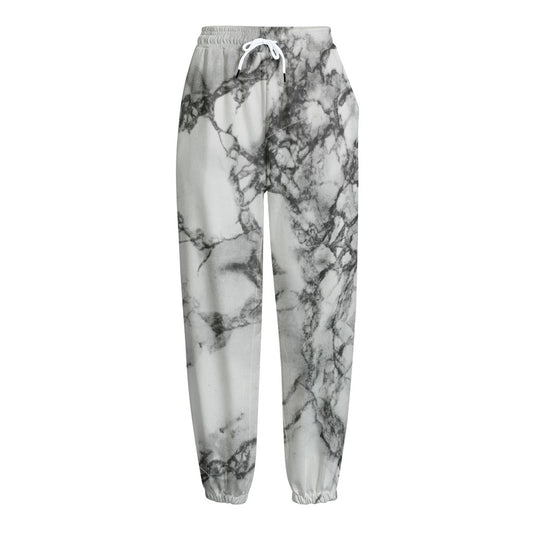 White Dark Grey Marble Print Fleece Lined Knit Pants