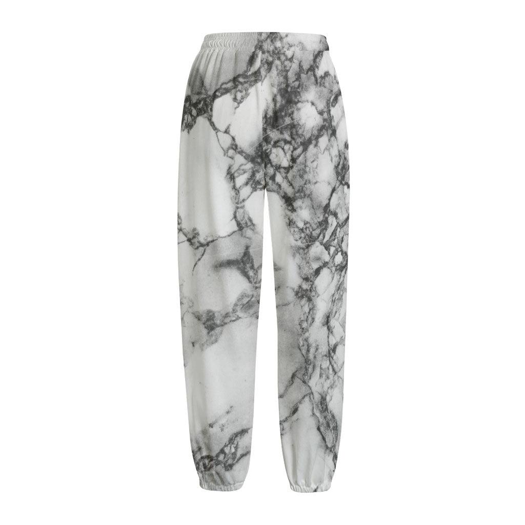 White Dark Grey Marble Print Fleece Lined Knit Pants