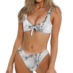 White Dark Grey Marble Print Front Bow Tie Bikini